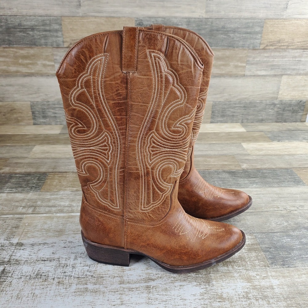 Coconuts by Matisse Legend Womens Cowboy Boots Sz 9 M Brown Embroidered Leather